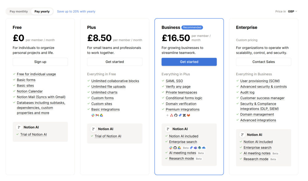A comparison between Notion's free and paid-for tiers (image: Notion)