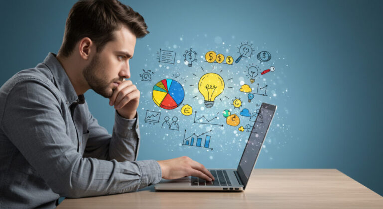 AI PCs workplace shown by Man gazing over laptop that is springing out business ideas as icons