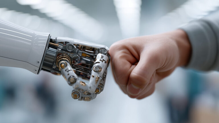 AI human partnership shown by AI robot and human fist bumping