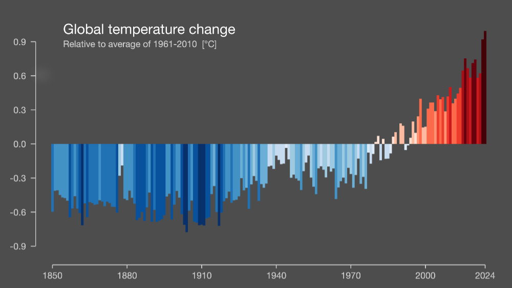 Barchart showing rise in global temperatures from 1850-2024