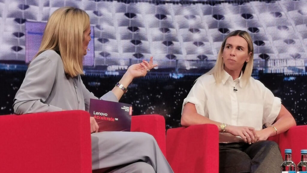 Gabby Logan asking questions of Carly Telford at Lenovo Accelerate 2025 London