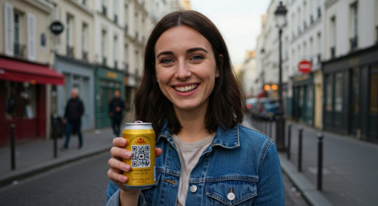 qr code case studies shown by woman smiling holding a beer can with a QR code on the side in Paris
