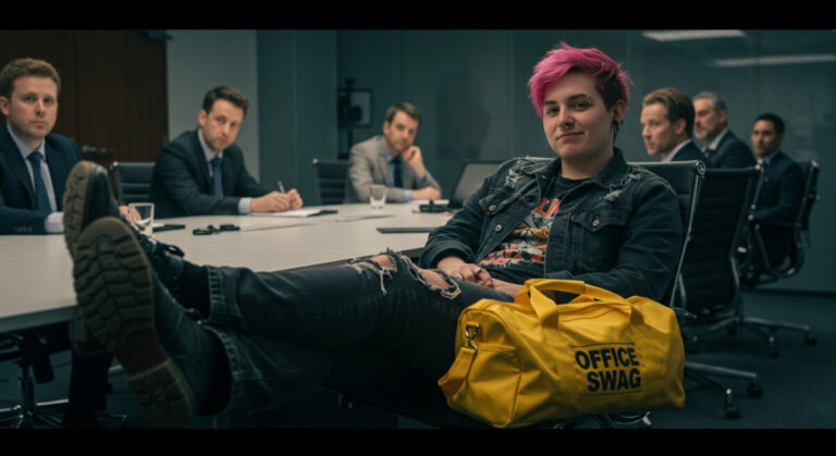 Revenge RTO shown by rebellious worker with their feet up in a meeting and a bag labelled "Office swag" by their seat