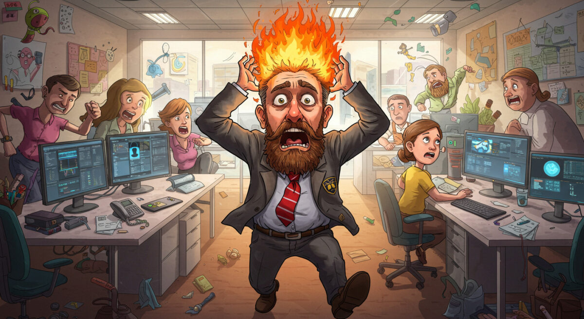 shadow ai risk shown by cybersecurity expert looking panicked with hair on fire in an office - cartoon style