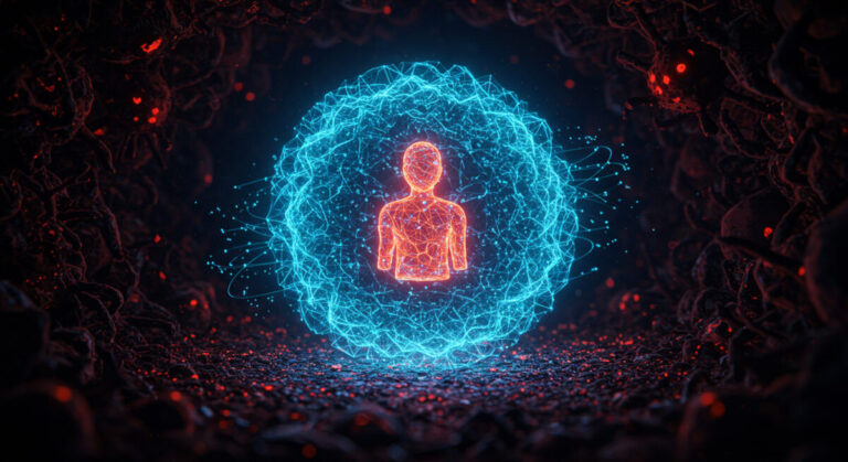 passwords vs passkeys abstract image of employee protected by circular shield