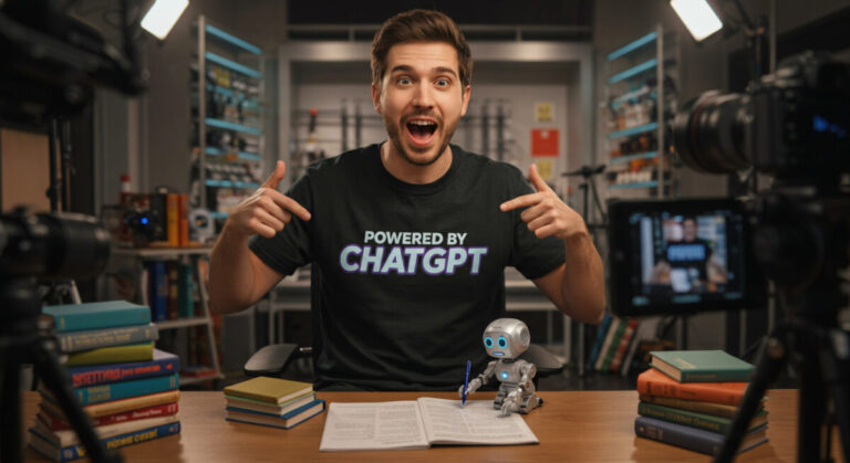 chatgpt speech concept shown by YouTuber with "Powered by ChatGPT" on his t-shirt with a mini robot surrounded by dictionaries writing the script nearby