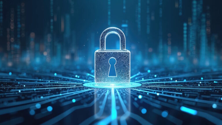 ilo 7 abstract of digital network security concept featuring padlock, circuit lines. Cyber world safety from hackers.