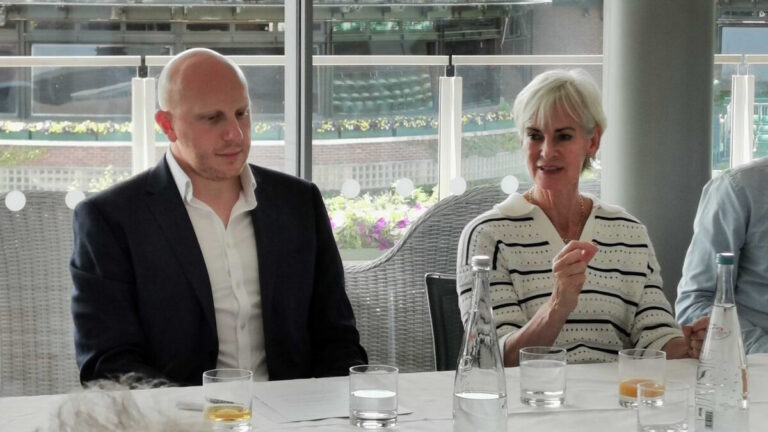 wimbledon match chat launch photo of Chris Clements and Judy Murray at Wimbledon in June 2025