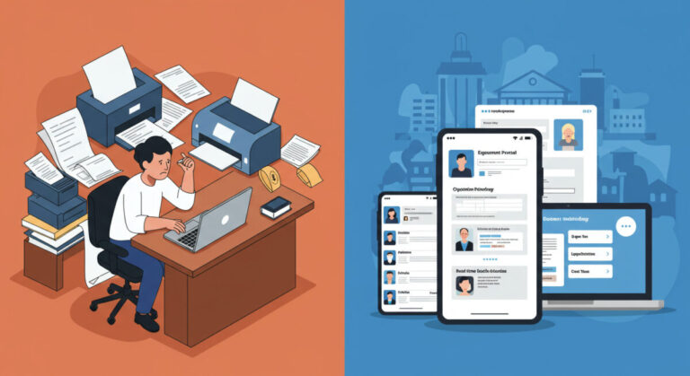 DocOps in government digital transformation. On the left, a frustrated citizen at a desk surrounded by paper forms. On the right, a modern, clean government portal interface on a laptop and phone.