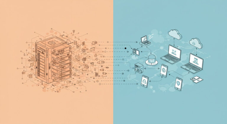 Split image: on the left, chaotic network traffic and on the right a neater more organised flow between devices