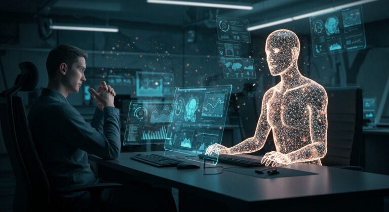 How AI is ruining my day - A human figure sitting in front of a futuristic interface, while a glowing, abstract humanoid entity watches passively.