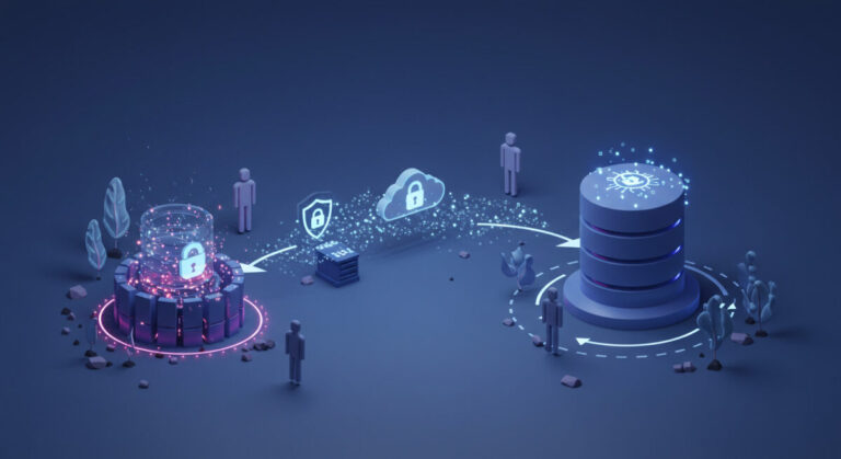 Harness the power of data from everywhere - 3D illustration of secure data sharing between isolated systems. A locked data source connects via encrypted cloud and shield icons to a large database, with abstract human figures observing. Represents Privacy Enhancing Technologies (PETs) enabling private, cross-boundary data collaboration.