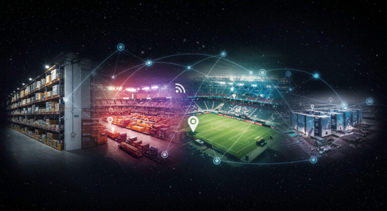 abstract image of multiple locations using private 5G networks including warehouse, sporting arenas and logistics hubs