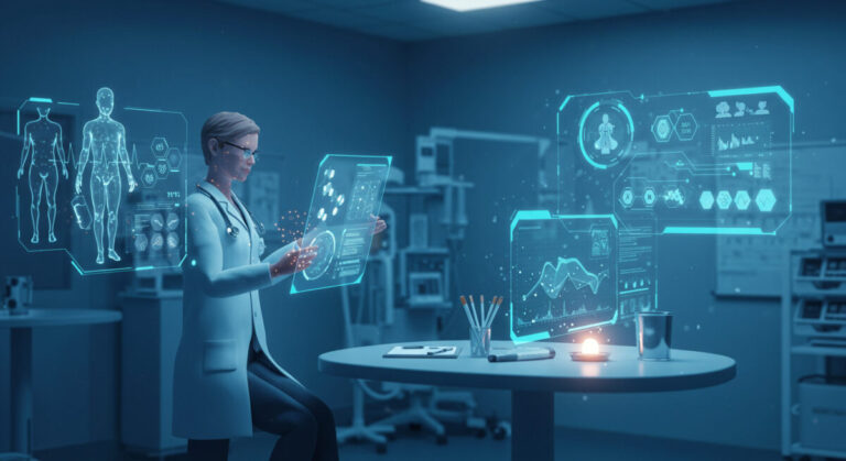 Beyond the headlines: laying the groundwork for AI to reshape healthcare - A doctor interacts with glowing holographic medical data in a high-tech hospital setting. Multiple floating digital interfaces display patient charts, anatomical diagrams, and analytics, symbolizing AI integration in healthcare. The scene conveys responsible AI adoption and human-AI collaboration to improve clinical decision-making.