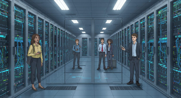 Talentwashing in the data centre industry: a modern data centre with a large ‘glass wall’ blocking diverse young professionals from entering.