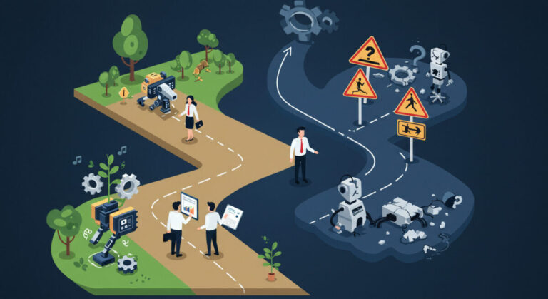 Illustration of two paths: one showing Agile AI investment with growing trees and gears, the other showing failed AI with broken robots and confusion