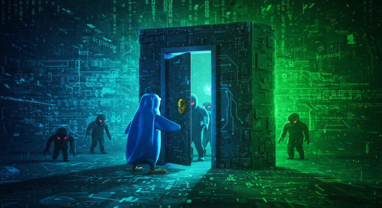 linux vulnerabilities shown by abstract Linux OS background with digital penguin opening a door for attackers