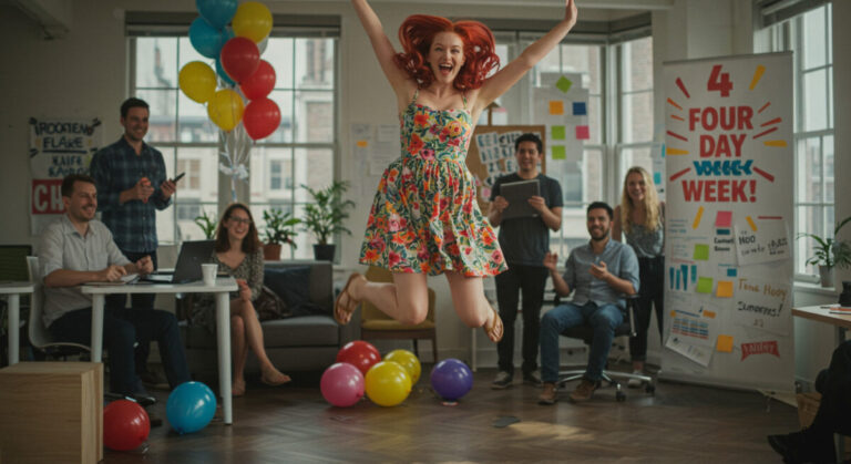 four-day work week success shown by happy woman celebrating switch to a four-day working week