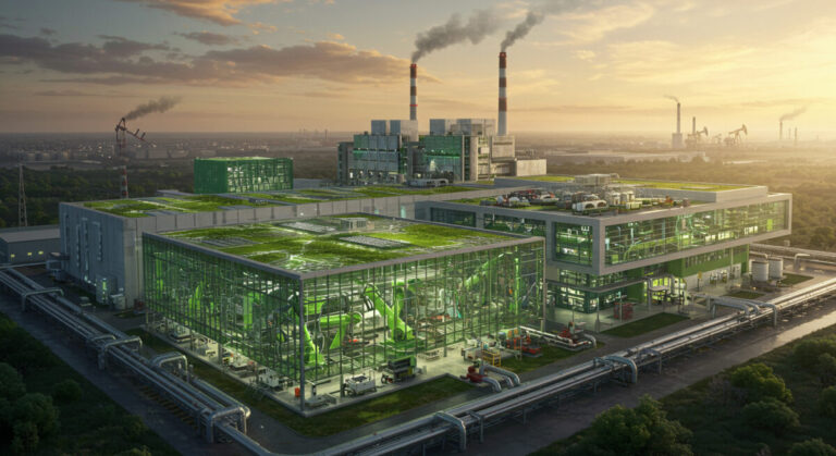 AI greenwashing - green factory but behind sit coal power stations