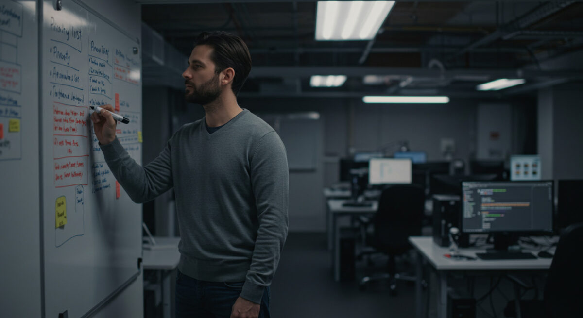 Patch Tuesday advice: IT manager writing priority list on a whiteboard