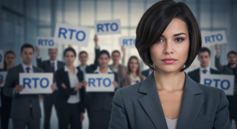RTO stress show by calm-looking business woman in foreground with people holding RTO placards in the background