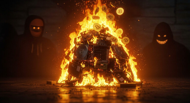 ransomware data threat shown by pile of data being used as fuel for bonfire that generates money for cyberattackers