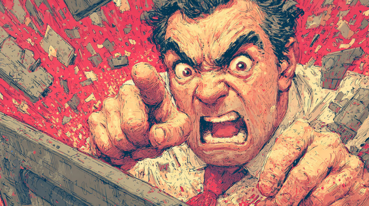 Angry man pointing at computer screen