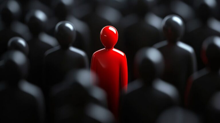 Insider threats and IAM shown by a thick gathering of matte black shapes, highlighted by a vivid red figure under a spotlight, underscores the danger of insider threats in data environments