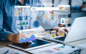 What is ERP represented by an analyst uses a computer and dashboard for data business analysis and Data Management System with KPI and metrics connected to the database for technology finance, operations, sales, marketing 👔 An analyst uses a computer and dashboard for data business analysis and Data Management System with KPI and metrics connected to the database for technology finance, operations, sales, marketing