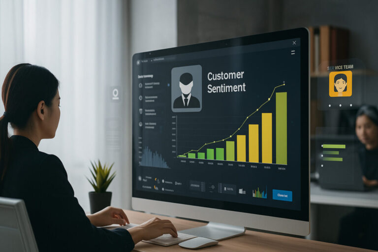 Sentiment analysis for customer success - woman looking at a monitor showing customer sentiment chart.