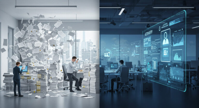 DocOps in regulated industries - Split-screen office scene contrasting chaotic paper-based document management on the left with streamlined digital document workflows on the right