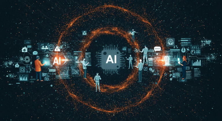 AI adoption and company culture - Futuristic digital illustration of AI at the center of business transformation, with diverse people interacting with glowing data, charts, and technology around it