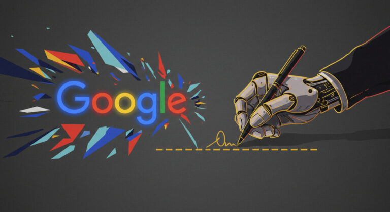 Google AI code of practice.: Abstract image showing Google signing on dotted line: EU's AI code of practice