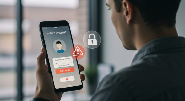 mishing shown by man holding phone with mobile phishing written on it