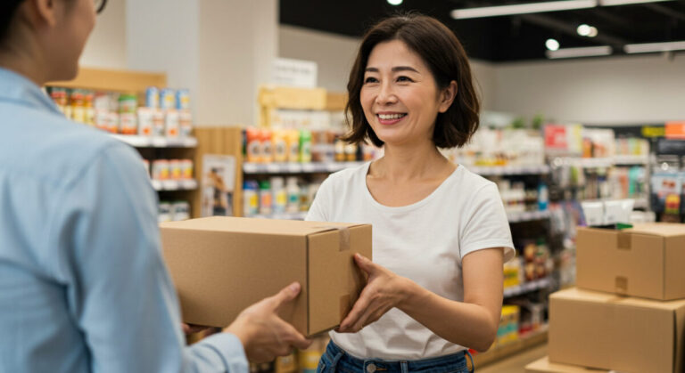 Henkel SAP launch AI shown by smiling woman returning parcel in shop