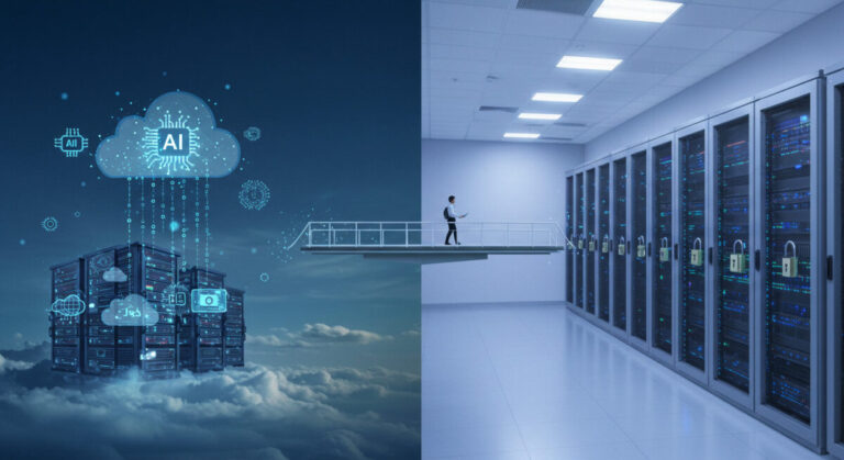 Cloud AI vs on-prem AI - split image with cloud servers with glowing AI icons and data streams flowing upward into the sky o the left. On-premise server room on the right. In the middle, a hybrid bridge connecting both.