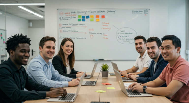 Why tech companies should treat in-person onboarding seriously - A diverse group of six professionals sitting around a conference table with laptops, smiling during an in-person onboarding session in a modern office.