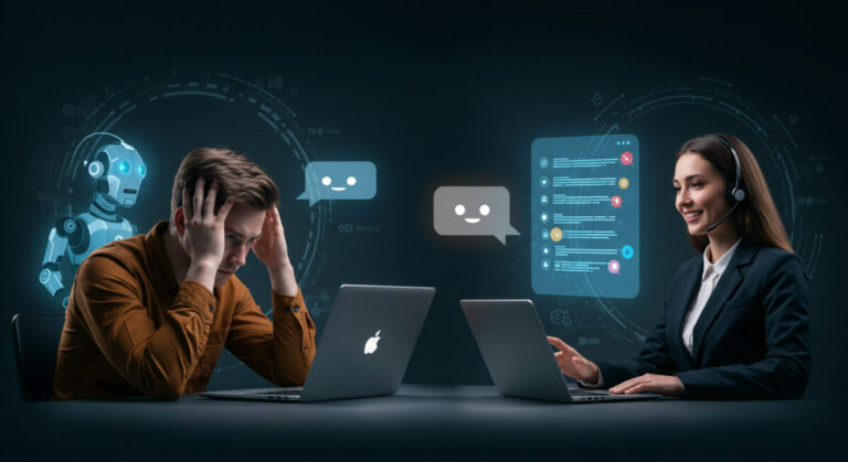 AI in customer service - A frustrated customer sitting at a laptop with a chatbot speech bubble filled with robotic responses, contrasted by a smiling human support agent offering real help.
