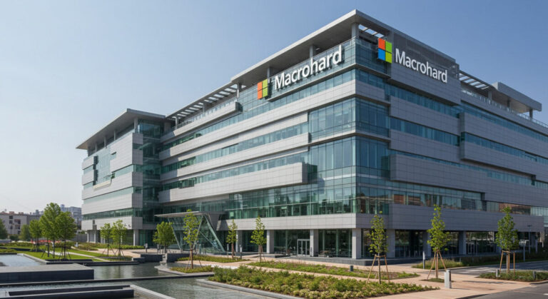 photorealistic image of a modern building, similar to Microsoft's HQ, but with a "Macrohard" logo