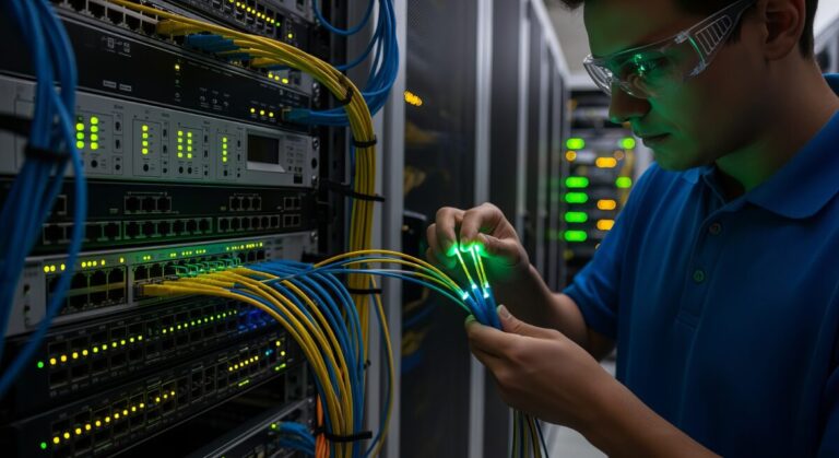Cisco Data Fabric launch shown by engineer in a server data center examining cables