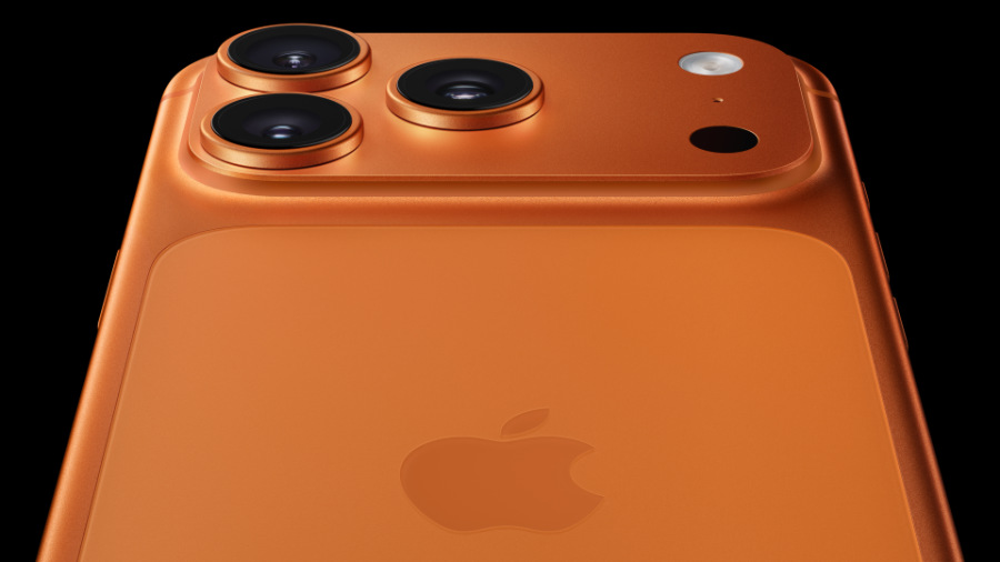 Closeup image if the Apple 17 Pro Max in a vivid orange colour.