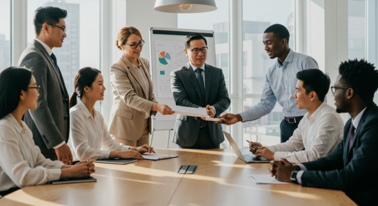 How can you tackle talentwashing? - New hires collaborating with experienced colleagues around an office table.