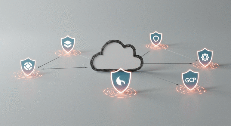 Open cloud security strategies - A digital illustration of multiple interconnected cloud platforms linked by glowing security shields and networks.