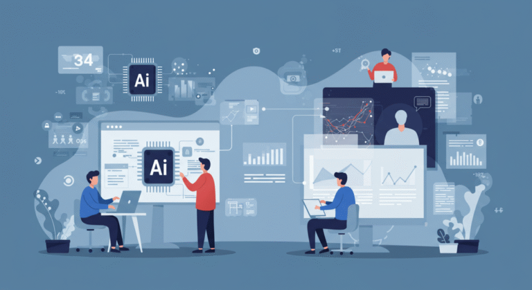 Human-in-the-loop AI - A futuristic workflow scene showing AI systems processing data alongside humans reviewing and guiding tasks, symbolizing human-AI collaboration.