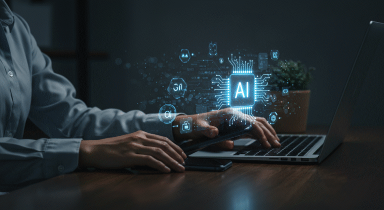 AI assistants in user experience - Person using laptop and tablet with glowing AI interface icons symbolizing artificial intelligence integration