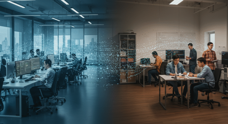 Generative AI and enterprise code - Illustration of a corporate dev team and a small startup coder connected by a glowing stream of AI code, symbolizing shifting coding power.