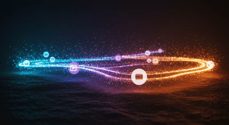 Streaming industry consolidation - Abstract glowing streams of blue and orange light merging, symbolizing digital media and streaming consolidation