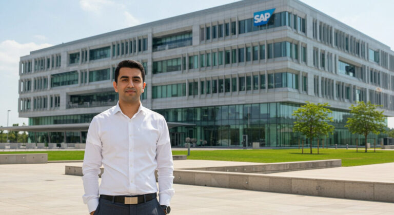 SAP PhD student shown in front of HANA campus (image generated by Google ImageFX)
