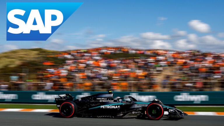 Mercedes-AMG SAP partnership shown by SAP logo above Jiri Krenek at the Dutch Grand Prix this weekend