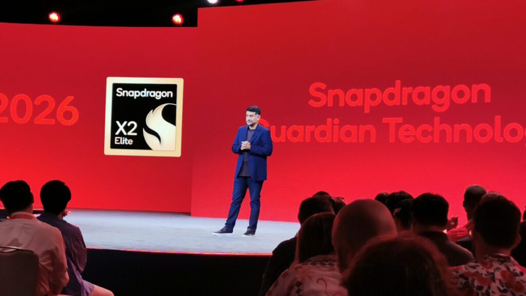Qualcomm's Senior Vice President and General Manager, Compute and Gaming, Kedar Kondap on stage introducing Snapdragon Guardian Technology